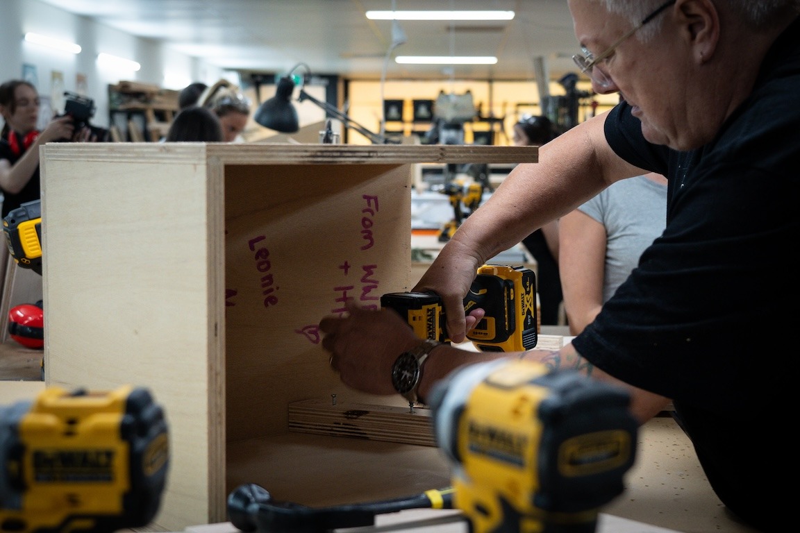 Gill in her happy place: on the tools.